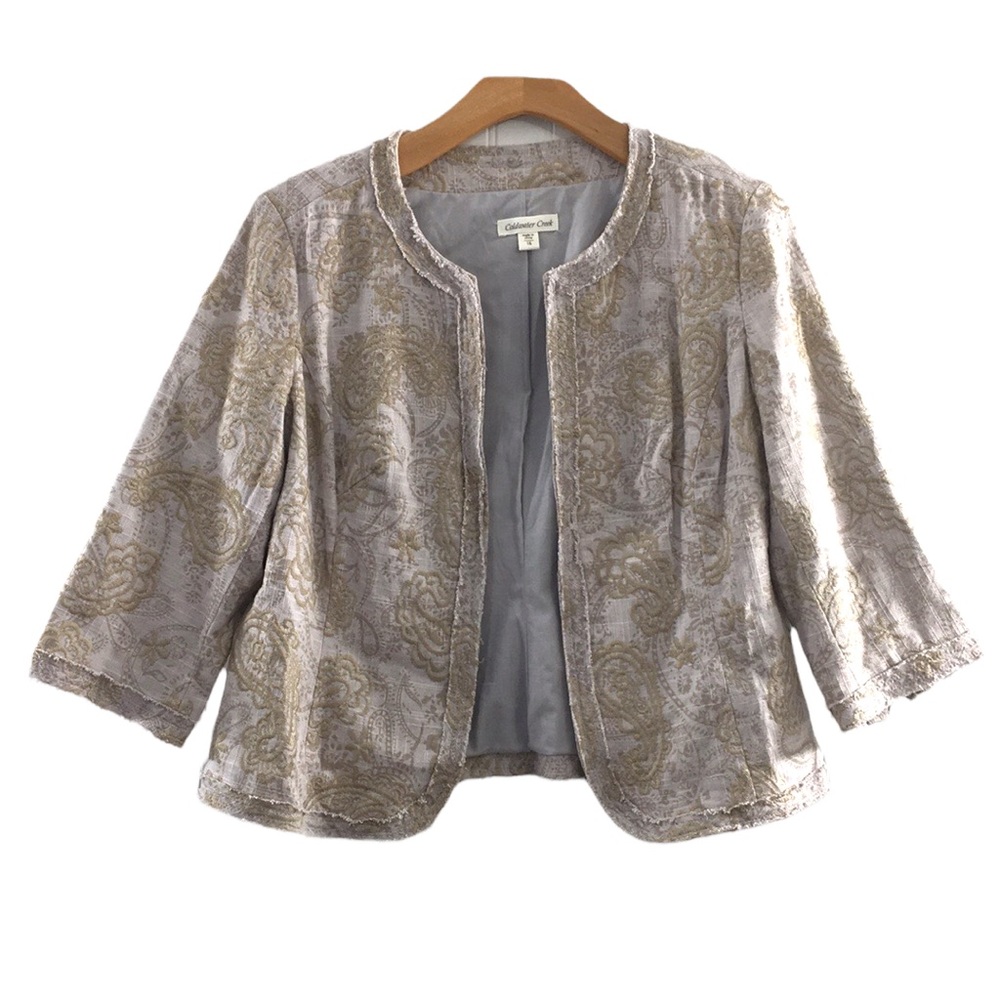 Coldwater Creek Gray Cream Paisley Embellished Jacket Womens 16 Linen 3/4 Sleeve